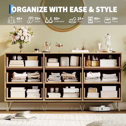 Garvee 63" Wide Fluted Dresser for Bedroom with 9 Drawers, Modern Wooden Chest of Drawers with Metal Handles, Large Clothes Storage Organizer & TV Stand for Living Room, Closet, Hallway, Oak Finish