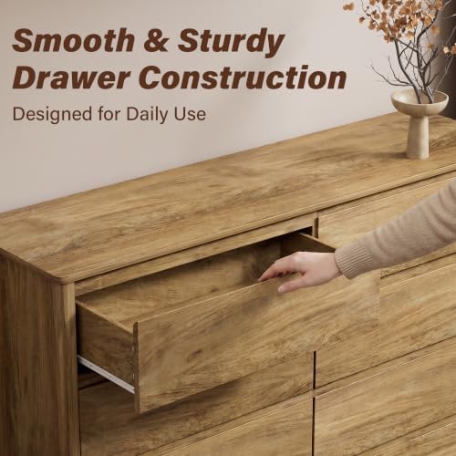 Furniway 55" Wide 8 Drawer Wood Dresser for Bedroom with Legs, Natural Oak
