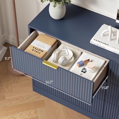 6 Drawer Fluted Dresser for the Bedroom, 55" Wide Wooden Dresser with Deep Drawers, Large Floor Chest of Drawers, Modern Long TV Stand, Storage Cabinet for Livingroom, Hallway, Blue