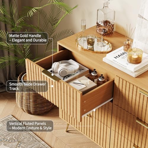 Garvee 63" Wide Fluted Dresser for Bedroom with 9 Drawers, Modern Wooden Chest of Drawers with Metal Handles, Large Clothes Storage Organizer & TV Stand for Living Room, Closet, Hallway, Oak Finish