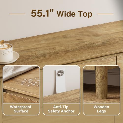 Furniway 55" Wide 8 Drawer Wood Dresser for Bedroom with Legs, Natural Oak