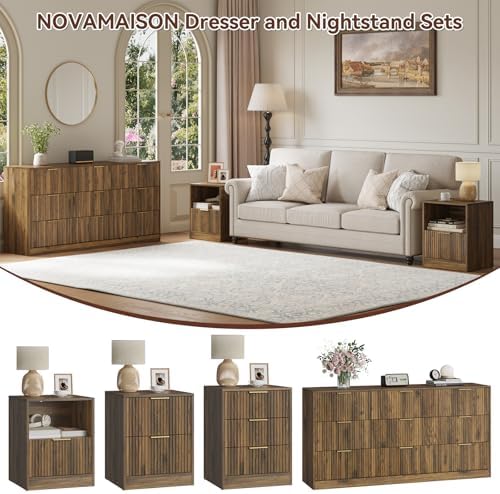 3-Piece 9 Drawer Dresser and 1-Drawer Nightstand Set, Walnut丨63 Wide Fluted Bedroom Dresser Set Night Stand Set of 2, Modern Wood Chest of Drawers Storage Dressers Set for Bedroom