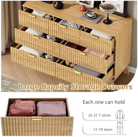 Wodeer 7 Drawer Fluted Dresser for Bedroom, Mid Century Modern Wooden Dresser with 7 Drawers, Dressers & Chests of Drawers with Metal Handle, TV Stand & Storage Organizer for Entryway, Hallway, Oak