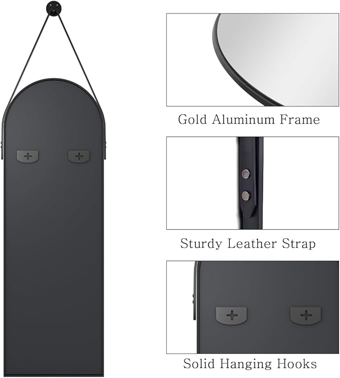 48"x16" Hanging Mirror with Leather Strap,Arched Full Length Mirror with Aluminum Frame Wall-Mounted Hanging Mirrors for Bathroom Vanity Living Room Bedroom Entryway Décor, Black