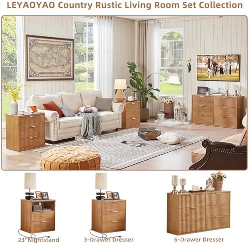 LEYAOYAO Fluted Nightstand with Charging Station, 23" Modern Night Stand with Woodgrain Top, 3 Drawers End Table w/Storage, Bedside Tables for Bedroom, Living Room, Curved Profile Design,Brown