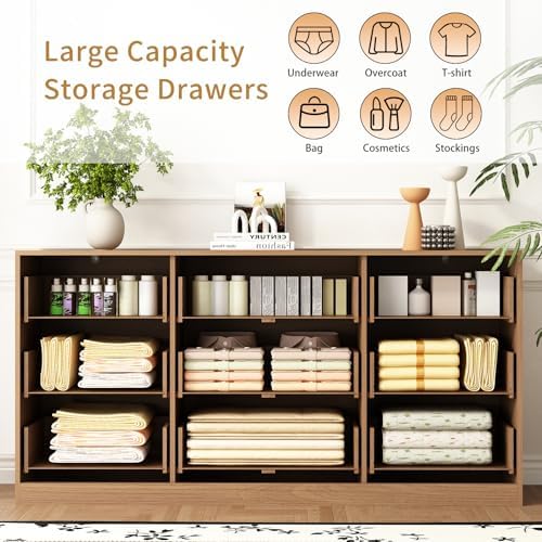 9 Drawer Fluted Dresser for Bedroom with Deep Drawers, Light Walnut丨63 Wide Wood Dresser, Large Chest of Drawers, Modern Long TV Stand, Storage Cabinet Side Table for Living Room, Hallway