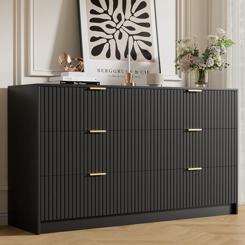 Furniway Black Dresser for Bedroom, Modern Dresser with 6 Drawers and Smooth Slides, Wide Chest of Drawers with Golden Handles for Bedroom, Living Room, Closet, 15.7" D x 55.1" W x 31.4" H