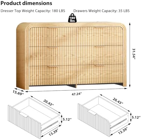 Ieejdn 47" Modern Chest of Drawer, 6 Deep Drawers,Clothes Organizer,Large Storage Cabinet for Living Room, Bedroom,Dresser TV Stand, Wood Drawer Organizer for Living Room, Hallway, Wood