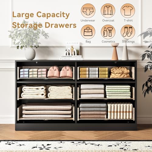 6 Drawers Fluted Dresser for Bedroom, 55" Wide Wooden Dresser with Deep Drawers, Large Floor Chest of Drawers, Modern Long TV Stand, Storage Cabinet Side Table, Black