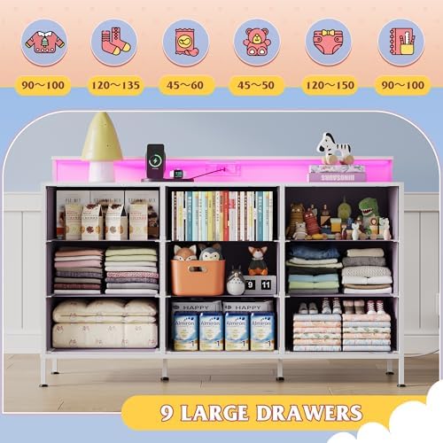 WLIVE Dresser TV Stand 9 Drawers, Fabric Chest LED Lights, Tie-dye