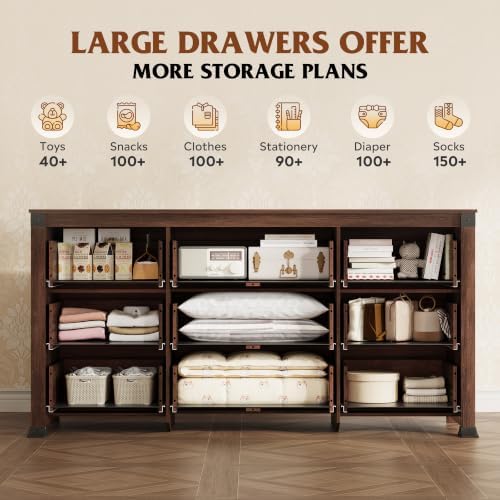 WLIVE Brown Dresser for Bedroom, 9 Drawer Wooden Chest of Drawers with SGS-Tested Anti-Tip Design, 62 Inch Wide Rustic Dresser TV Stand for Living Room, Hallway and Closet, Large Storage Cabinet