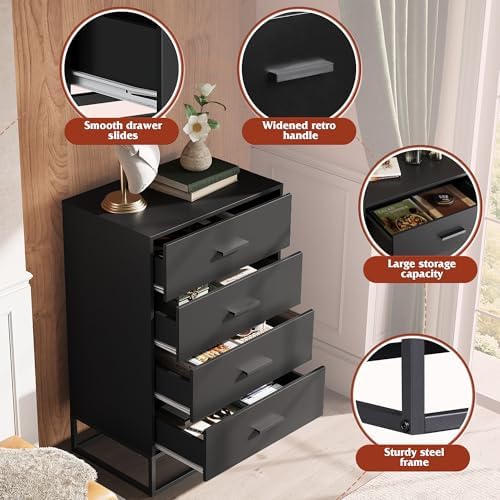 WLIVE Black Dresser for Bedroom with 4 Drawers, Tall Dresser with Sturdy Metal Frame, Wood Chest of Drawers for Closet, Living Room, Hallway