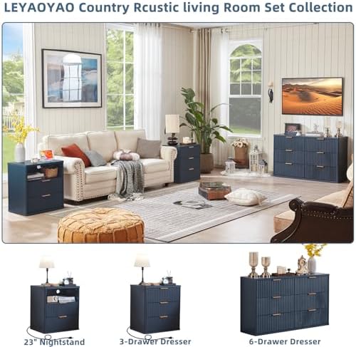 LEYAOYAO Fluted Nightstand Set of 2 with Charging Station,23" Farmhouse Nightstand with Woodgrain Top,Blue 3 Drawer End Table w/Storage, BedsideTables for Bedroom, Living Room, Curved Profile