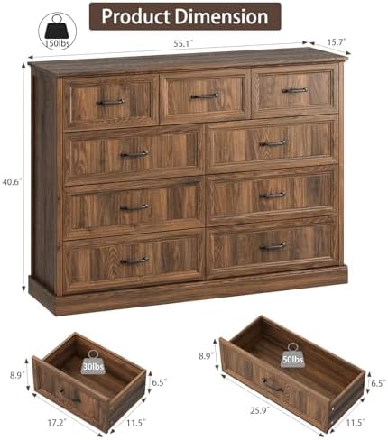 Farmhouse 9 Drawer Dresser for Bedroom, 55" Walnut Dresser with TV Stand