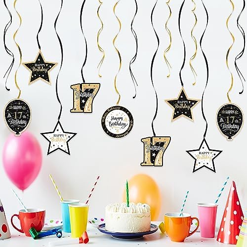 Happy 17th Birthday Black & Gold Glitter Swirls Streamers Party Decorations - 15 Pcs 17th Birthday Hanging Swirls Streamers Kit,Cheers to Seventeen Years Old Bday Party Sign.