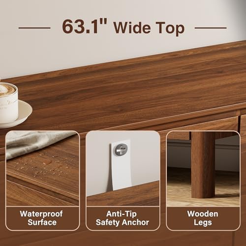 Furniway 63" Mid-Century Modern Dresser for Bedroom, 9 Drawer Wide Chest of Drawers with Wood Legs, Large Storage Bedroom Dresser, Walnut