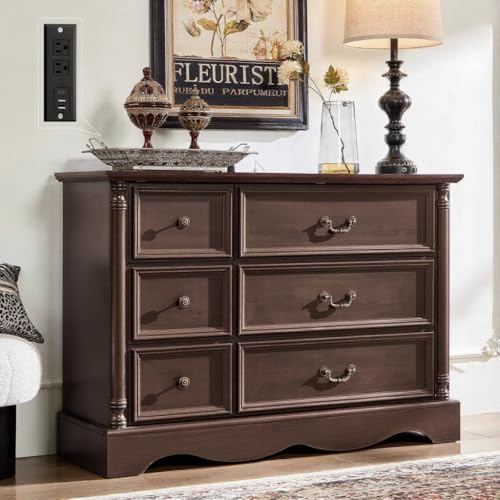 Farmhouse 6-Drawer Dresser with Charging Station for Bedroom