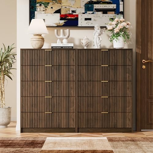Furniway Walnut Dresser for Bedroom, Tall Dresser with 5 Drawers and Smooth Slides, Modern Chest of Drawers with Golden Handles for Bedroom, Living Room, Closet, 15.7" D x 31.5" W x 47.2" H