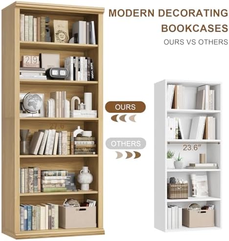 Rresyet Bookcase and Bookshelves, 28" W Tall Bookshelf, Natural Oak