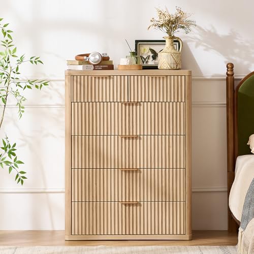 LEYAOYAO Farmhouse Fluted 6 Drawers Dresser for Bedroom, 42" Tall Modern Chest of Drawers with Curved Profile Design & Metal Handle,Natural Wood Drawer Organizer for Bedroom