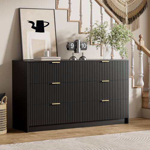 Furniway Black Dresser for Bedroom, Modern Dresser with 6 Drawers and Smooth Slides, Wide Chest of Drawers with Golden Handles for Bedroom, Living Room, Closet, 15.7" D x 55.1" W x 31.4" H