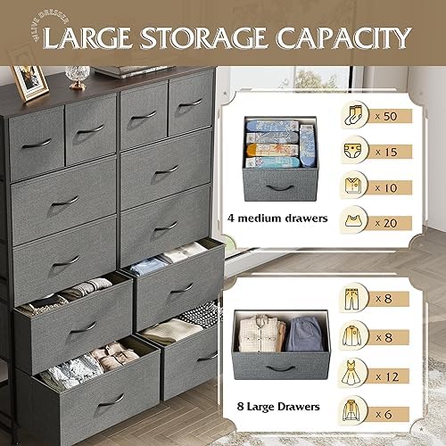 WLIVE 12 Drawer Tall Fabric Dresser Bedroom Storage Chest, Dark Grey