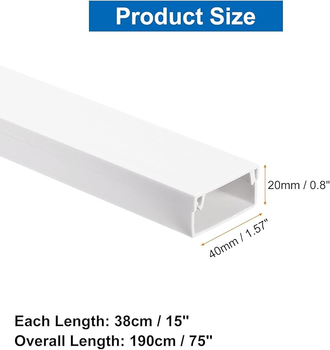 HARFINGTON 5pcs Cord Hider Wall 15inx1.57inx0.8in (LxWxH) PVC Cable Cover Self Adhesive Wire Hider Wall Mounted TV Cable Raceway for Cables Management (75in Total Length),White