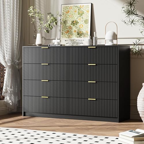 MAISONARIA Dresser for Bedroom, 8 Drawer Double Dresser, Modern Chest of Drawers for Bedroom, Living Room, Entryway and Closet, 55" L x 15.7" D x 37.4" H, Black