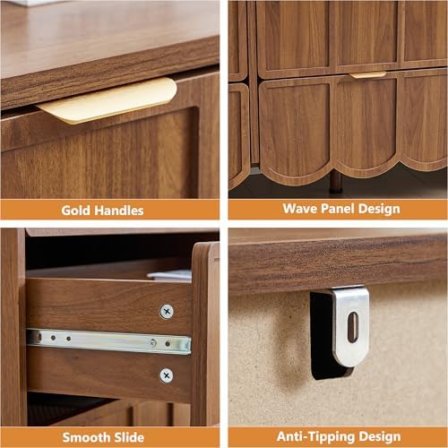 ORRD 9 Drawer Dresser for Bedroom, Modern Closet Chest of Drawers with Wave Fluted Drawer, Wood Storage Small Dresser Organizer for Nursery Bedroom Living Room Hallway Closet (Walnut)