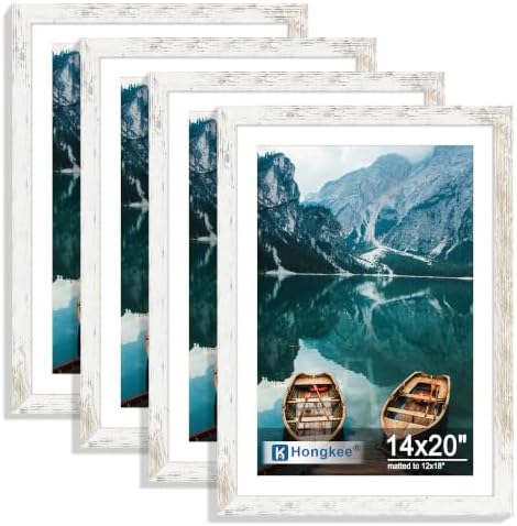 Hongkee 14x20 Frame Set of 4, 14 x 20 Distressed White Wood(Mat 12x18)