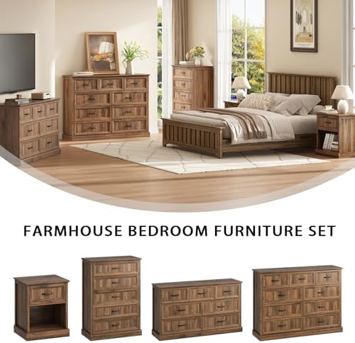 Farmhouse 9 Drawer Dresser for Bedroom, 55" Walnut Dresser with TV Stand