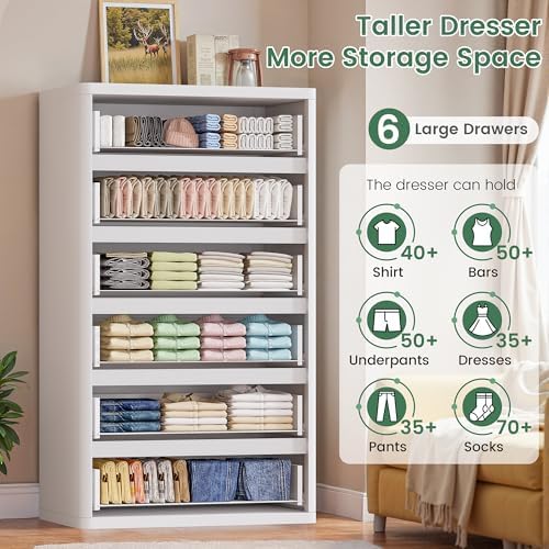 Standifurno White 56" Tall Dresser for Bedroom, Fluted Vertical Dresser with 6 Deep Drawers, Modern Chest of Drawers with Curved Profile, Wooden Drawer Organizer for Living Room, Hallway, Closet