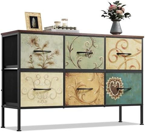 WLIVE Dresser for Bedroom with 6 Fabric Drawers, Floral Painted