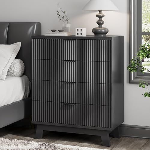 Xixini Fluted Nightstand with 4 Drawers, 31.5" Wide Side Table, Black