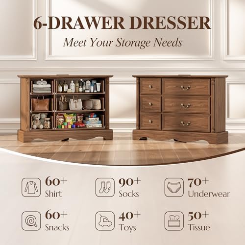 Farmhouse 6-Drawer Dresser with Charging Station for Bedroom