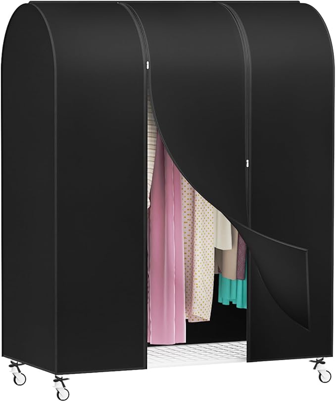Zilink 50'' Garment Rack Cover Dustproof Clothes Rack Cover Breathable Garment Bags Protector Wardrobe Cover with 2 Durable Zippers for Garment Rack, Black, (Rack Not Included)