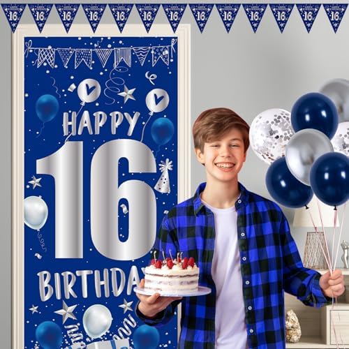 16th Birthday Decorations for Boys, Blue Happy 16th Birthday Decoration Boy