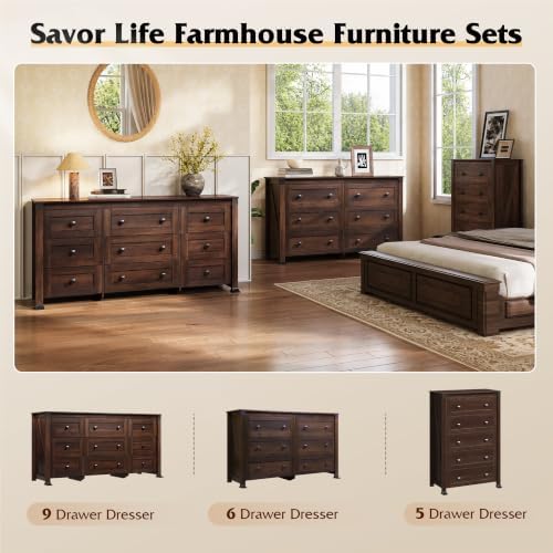 WLIVE Brown Dresser for Bedroom, 9 Drawer Wooden Chest of Drawers with SGS-Tested Anti-Tip Design, 62 Inch Wide Rustic Dresser TV Stand for Living Room, Hallway and Closet, Large Storage Cabinet