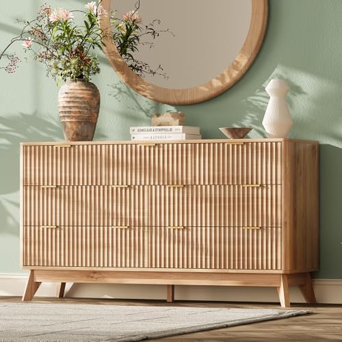 54" Wide Fluted 7 Drawers Dresser for Bedroom,Curved Edge,Oak