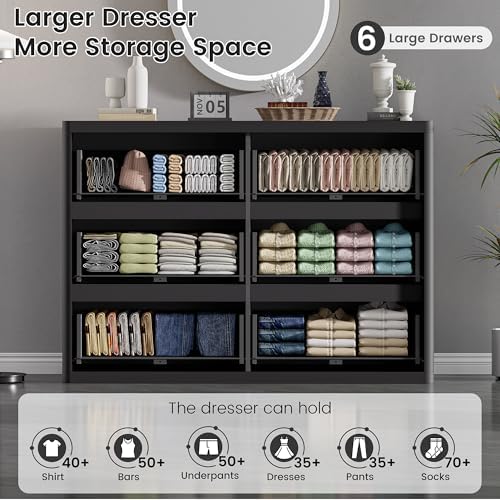 Standifurno Black 6 Drawers Double Dresser, Fluted Dresser for Bedroom, Modern Chest of Drawers with Handleless, Curved Profile Dressers TV Stand, Wood Storage Organizer for Living Room, Hallway