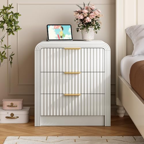 Decofy Fluted 3-Drawer Nightstand with Charging Station, Pure White