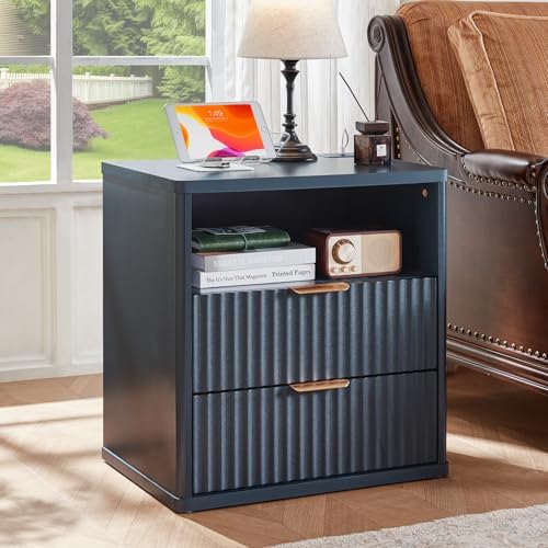 LEYAOYAO Fluted Nightstand Set of 2 with Charging Station,23" Farmhouse Nightstand with Woodgrain Top,Blue 3 Drawer End Table w/Storage, BedsideTables for Bedroom, Living Room, Curved Profile