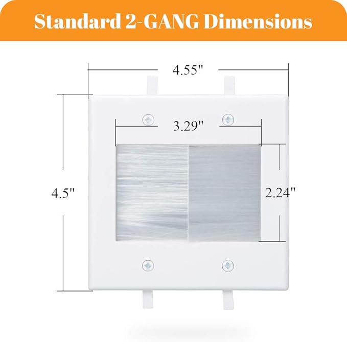 2 Gang Brush Wall Plate, White 2-Gang Wall Plate with Low Voltage Mounting Bracket for Cable Pass Through (Pack of 4)