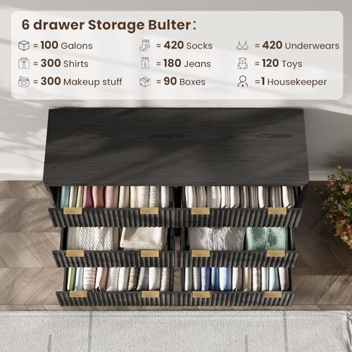 47" Wide Fluted 6 Drawers Dresser for Bedroom,Curved Edge,Black