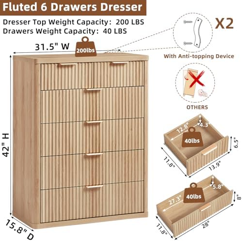 LEYAOYAO Farmhouse Fluted 6 Drawers Dresser for Bedroom, 42" Tall Modern Chest of Drawers with Curved Profile Design & Metal Handle,Natural Wood Drawer Organizer for Bedroom