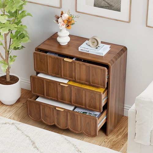 ORRD 3 Drawer Dresser for Bedroom Set of 2, Modern Closet Chest of Drawers with Wave Fluted Drawer, Wood Storage Small Dresser Organizer for Nursery Bedroom Living Room Hallway Closet (Walnut)