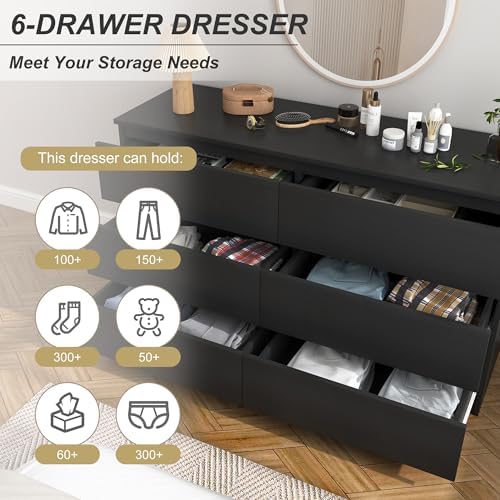 Black 6 Drawer Dresser for Bedroom, Modern Deep Drawer Dresser,Wide Chest of Drawers for Bedroom,Wood Storage Organizer Furniture,TV Dresser for Living Room