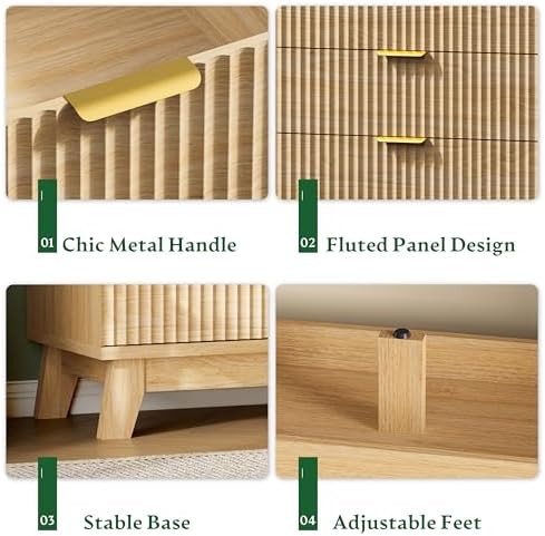 Xixini Fluted Dresser with 8 Drawers, 54" Wide Modern Chest of Drawers with Metal Handle, Wooden Dresser TV Stand, Wood Closet Clothes Storage Organizer for Bedroom, Living Room, Hallway, Natural Oak