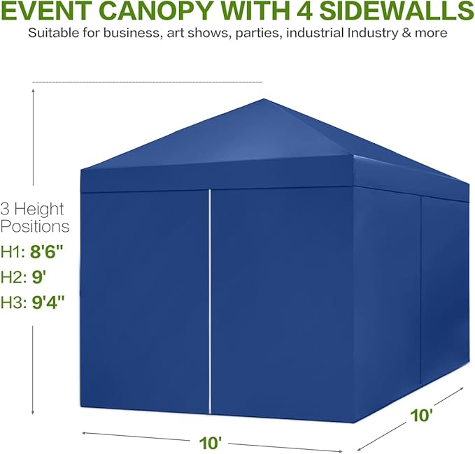 Tunbne 10X10 Comercial Pop Up Canopy Tent with 4 Sidewalls and 6 Pockets, One Push Setup Center Lock, for Beach Patio Outdoor, Case, 8 Stakes, 4 Ropes, 4 Sandbags (Sapphire Blue)