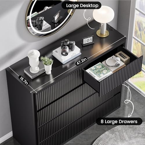 Standifurno Black 8 Drawers Dresser for Bedroom, 48" Wide Wooden Tall Chest of Drawers with Curved Modern Profile Design, Fluted Dresser TV Stand, Wood Closet Clothes Storage Drawer Organizer